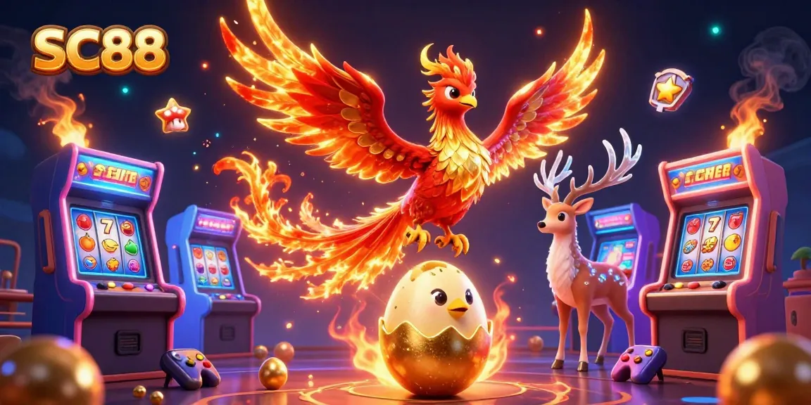 Engage with SC88 slots featuring a fiery phoenix, vibrant game elements, and a mystical stag.