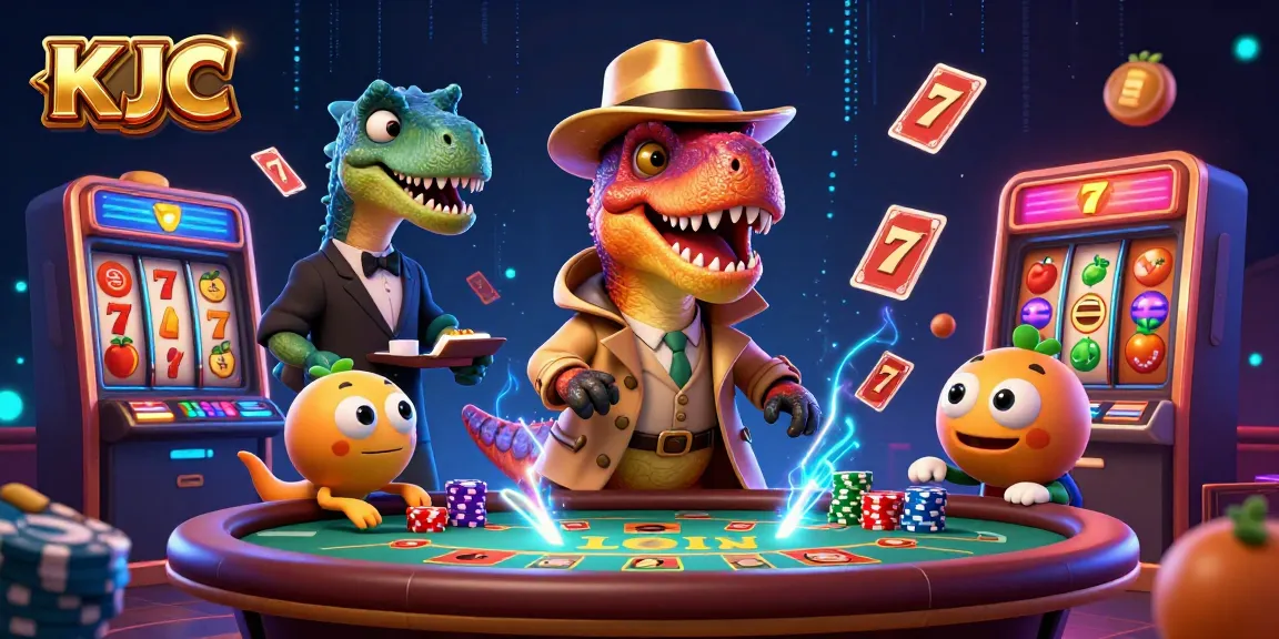 KJC delights players with a vibrant 3D casino scene of a velociraptor engaging in blackjack, showcasing dynamic action and excitement.