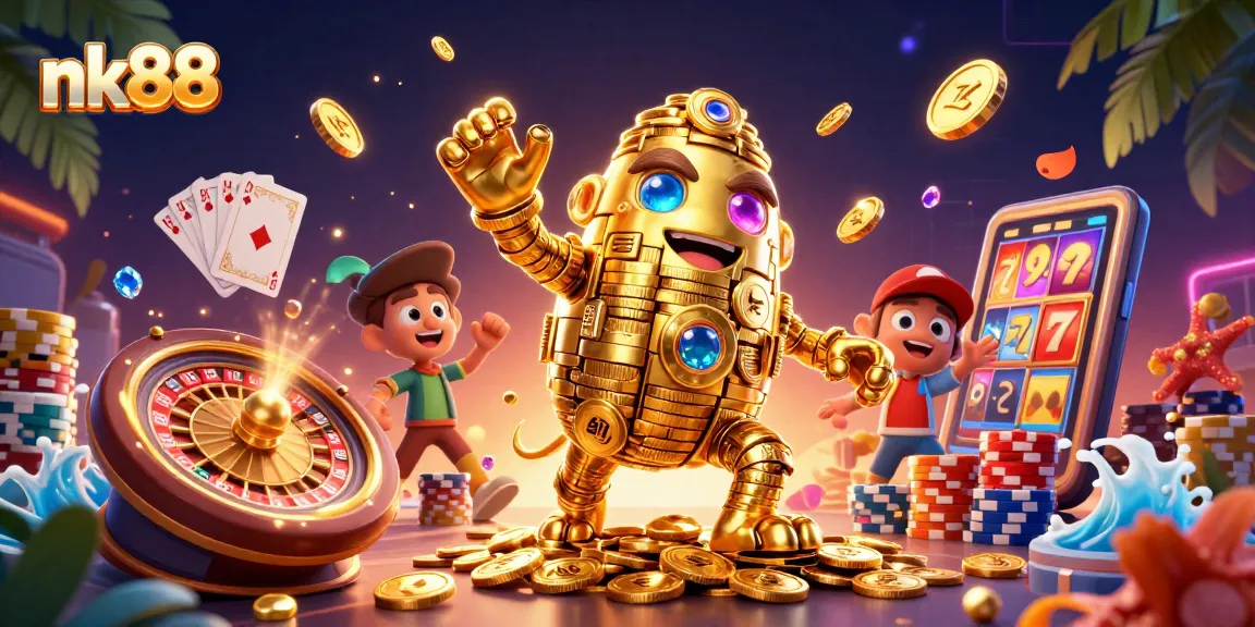 Experience thrilling gameplay with nk88's golden golem and casino elements in vibrant 3D.