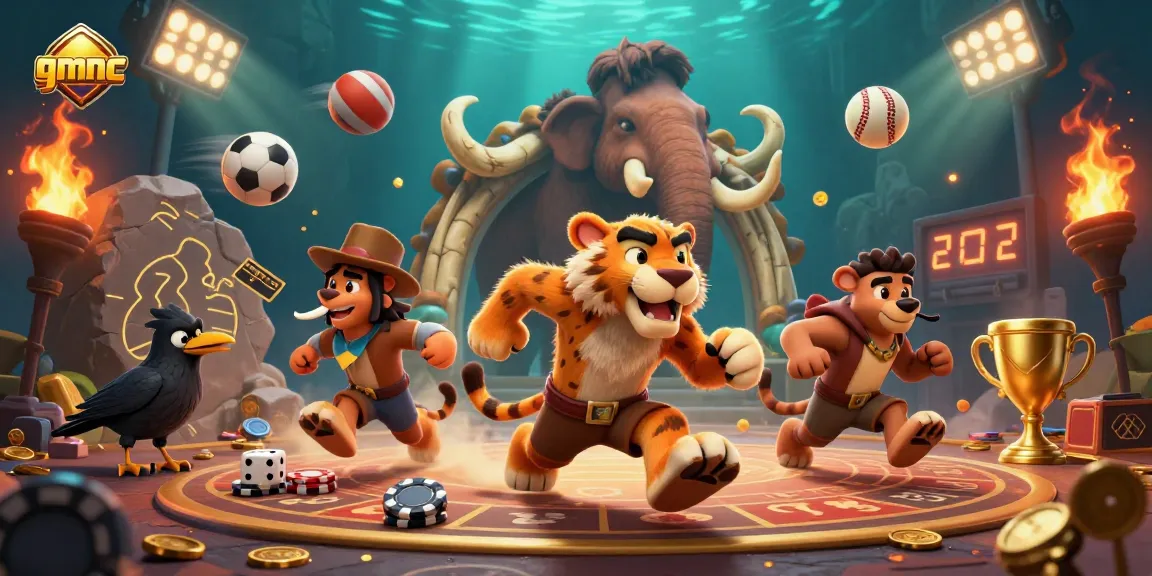 Experience exhilarating gaming with gmnc, showcasing a lively prehistoric casino scene full of dynamic sports elements.