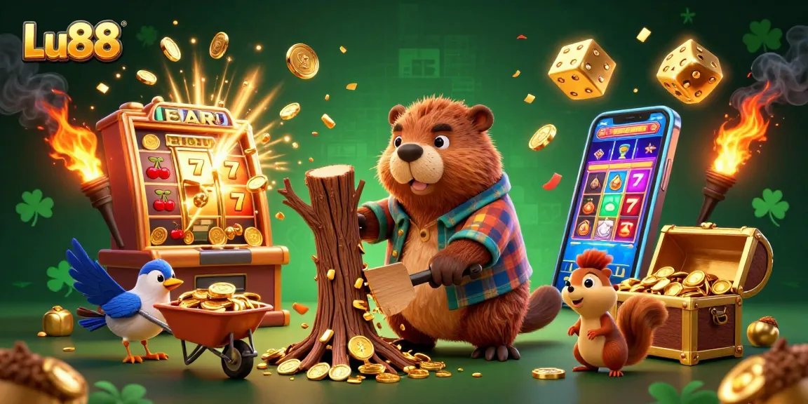 Join Lu88's thrilling adventure as a beaver gathers coins under a cascade of gold amidst vibrant casino excitement.