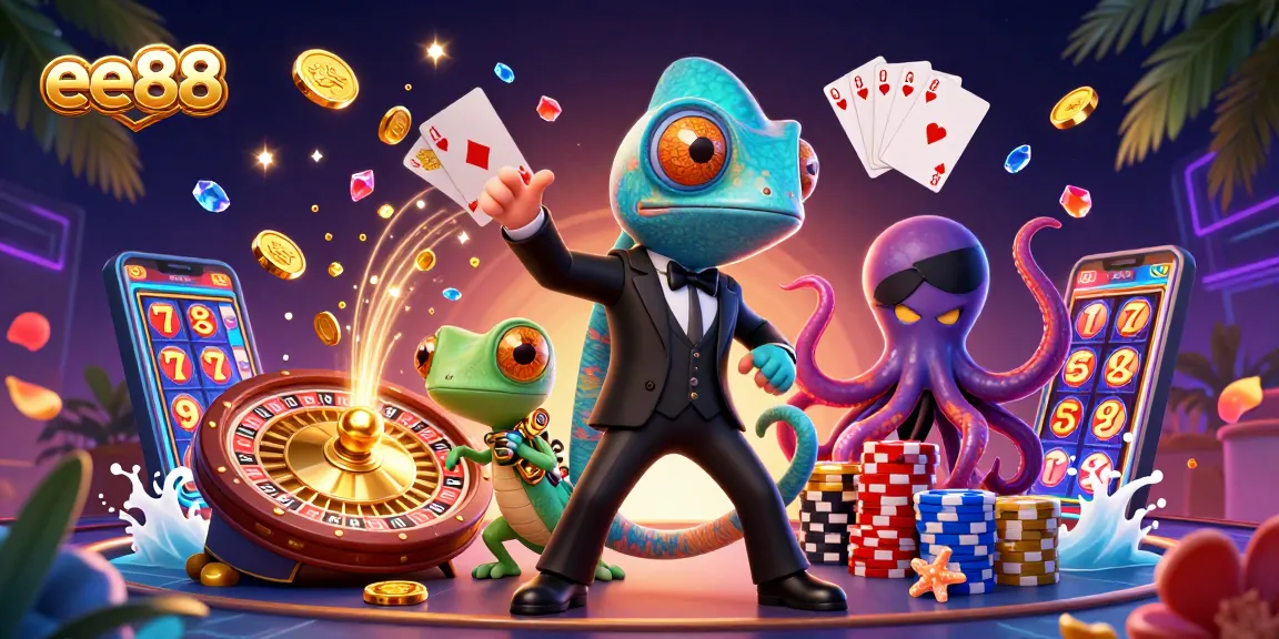 Engage with the dynamic casino world of ee88 featuring colorful characters, shimmering coins, and vibrant gaming elements.