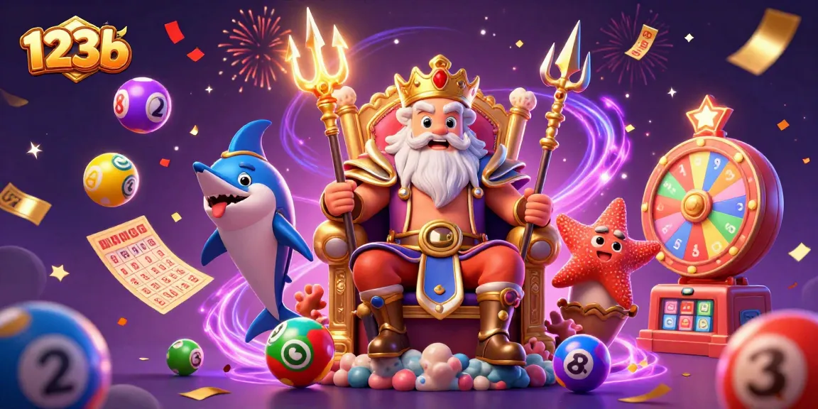 Experience excitement at 123b with vibrant lottery elements, sea king Neptune, and festive celebrations.