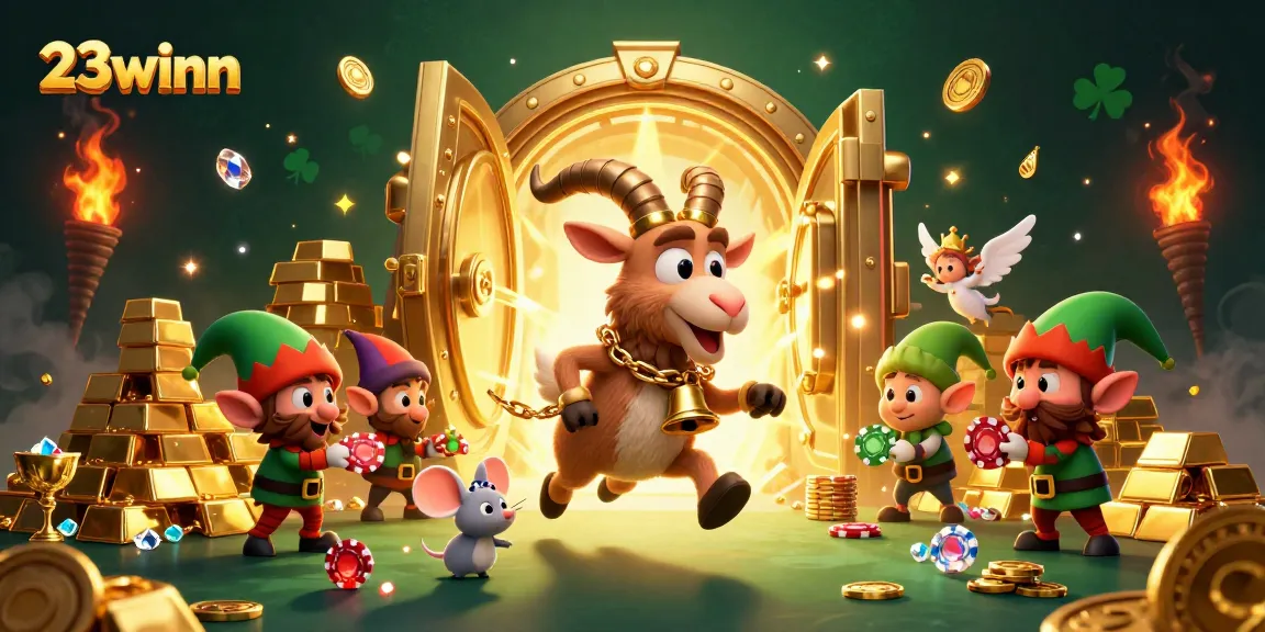 Experience the thrill of 23winn casino with Krampus and playful gremlins amid a treasure-filled scene.
