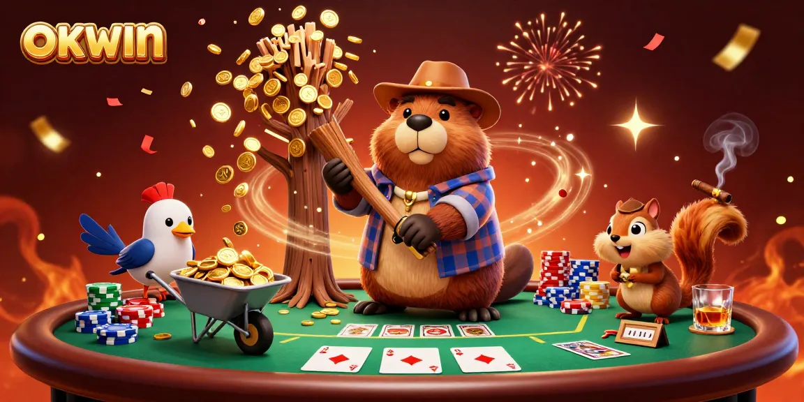 OKWIN showcases a vibrant scene with a cartoon beaver, colorful poker chips, and golden coins raining down.