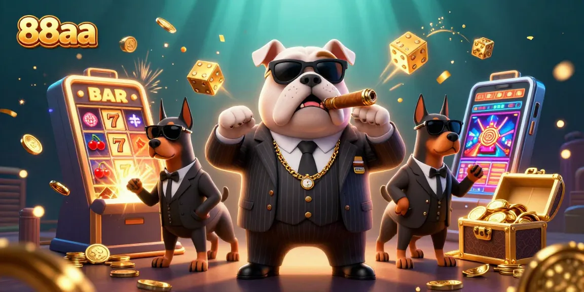 88aa casino illustration with a mafia boss bulldog and Doberman bodyguards amidst slot machines.