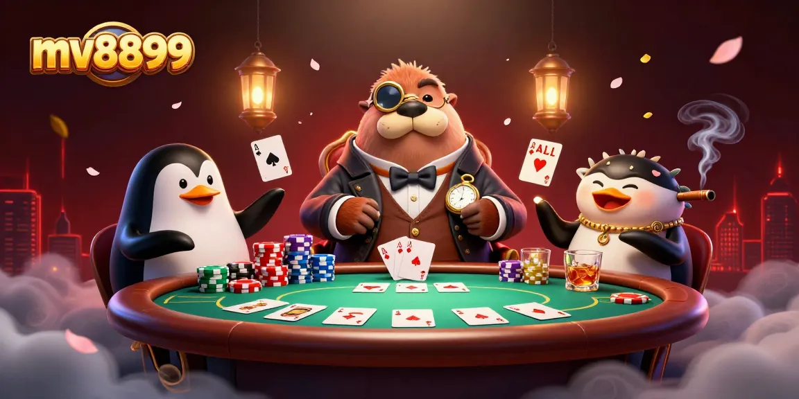 Join the underwater poker action at mv8899 with a walrus, penguin dealer, and pufferfish player.