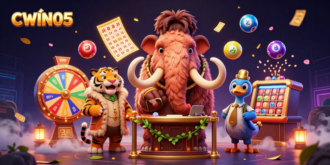 Immerse in CWIN05's vibrant casino scene featuring a woolly mammoth bouncer with colorful lottery balls.