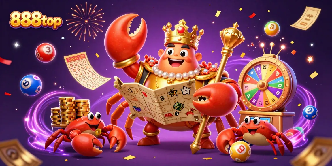 Win exciting prizes at 888top with colorful lottery elements and a grand crab emperor.