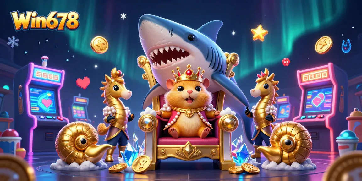 Engage in thrilling gameplay at Win678 with vibrant characters and rich casino elements surrounding a golden hamster king.