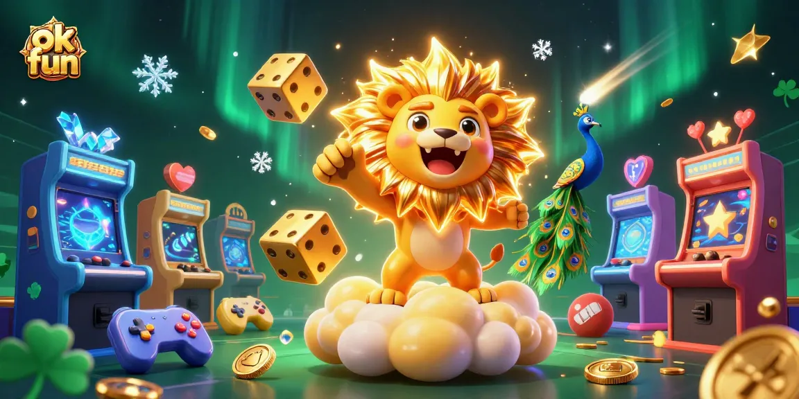 Engage with the fun at OK FUN, where a vibrant 3D illustration showcases exciting casino gaming elements!