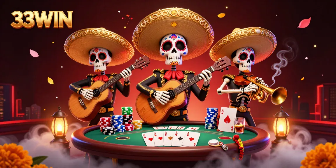 33WIN gaming scene showcasing skeleton mariachi band amidst poker action and vibrant casino elements