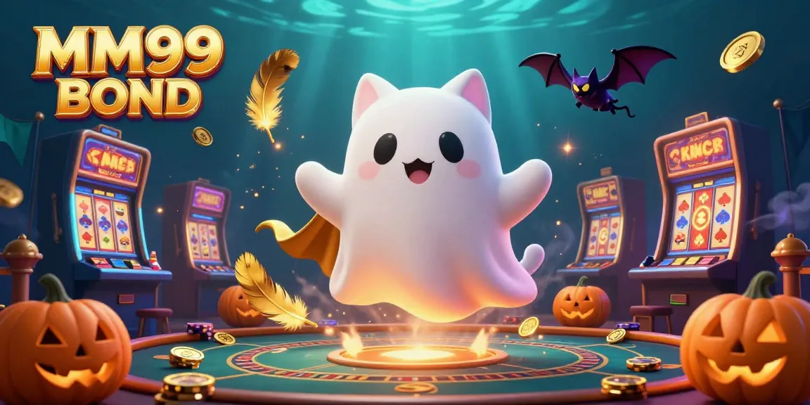 Experience the excitement of MM99 BOND with a friendly ghost cat and vampire bat in a dynamic casino setting.
