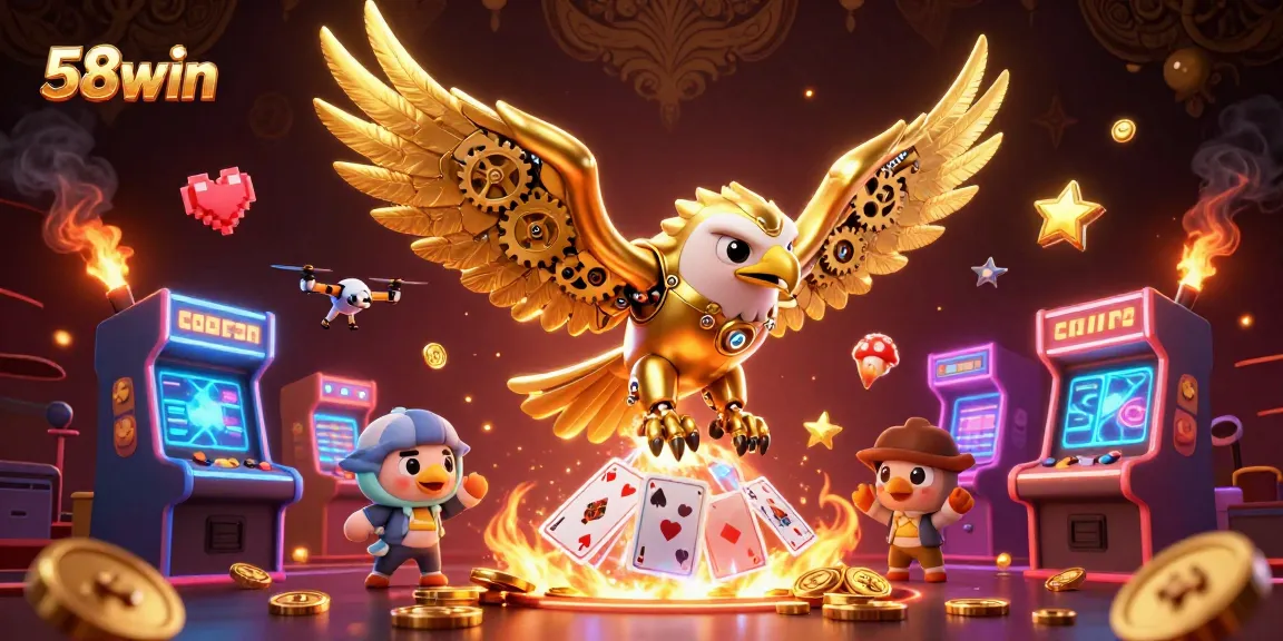 Experience thrilling gameplay with 58win, featuring a cybernetic eagle soaring among holographic cards and casino elements.