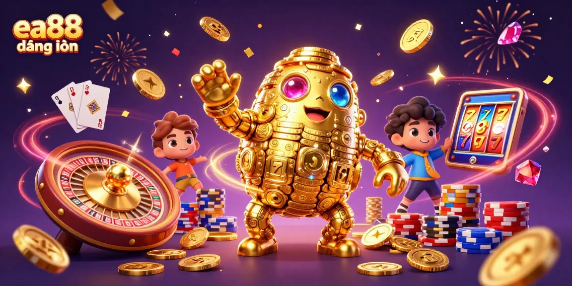 Try ea88 đăng nhập and win with exciting golden symbols and casino elements in this vibrant illustration.